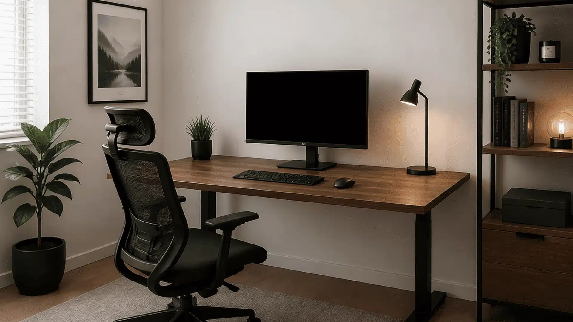 A home office desk setup with an adjustable chair, monitor at eye level, and organized cables for a comfortable and ergonomic workspace.