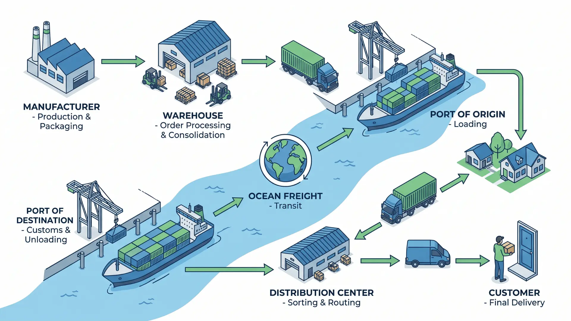 A step-by-step visual representation of a shipment's journey through global logistics.