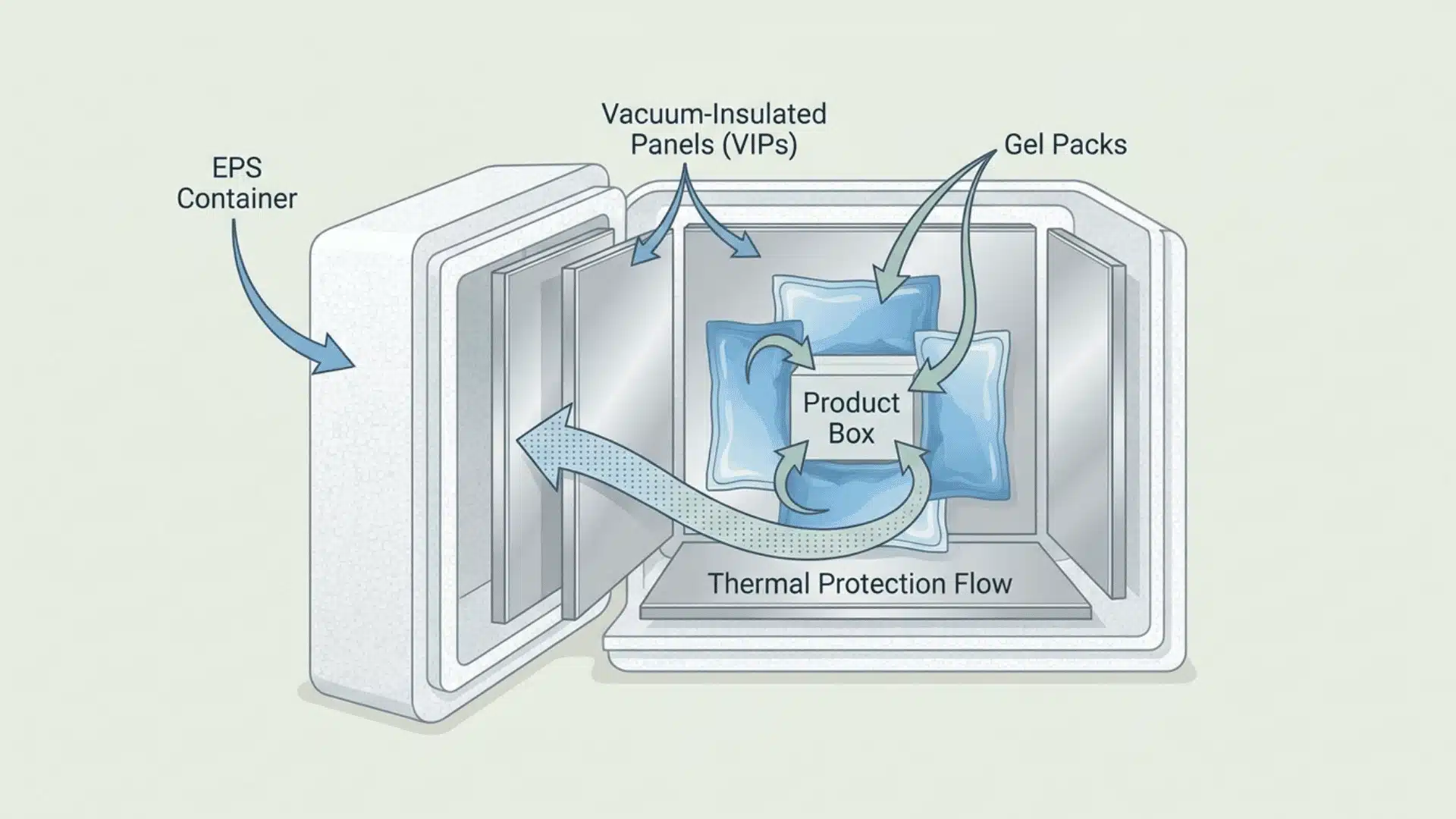 A temperature-controlled packaging box with ice packs and various products like chocolate, medicines, and electronics beside it. (1)