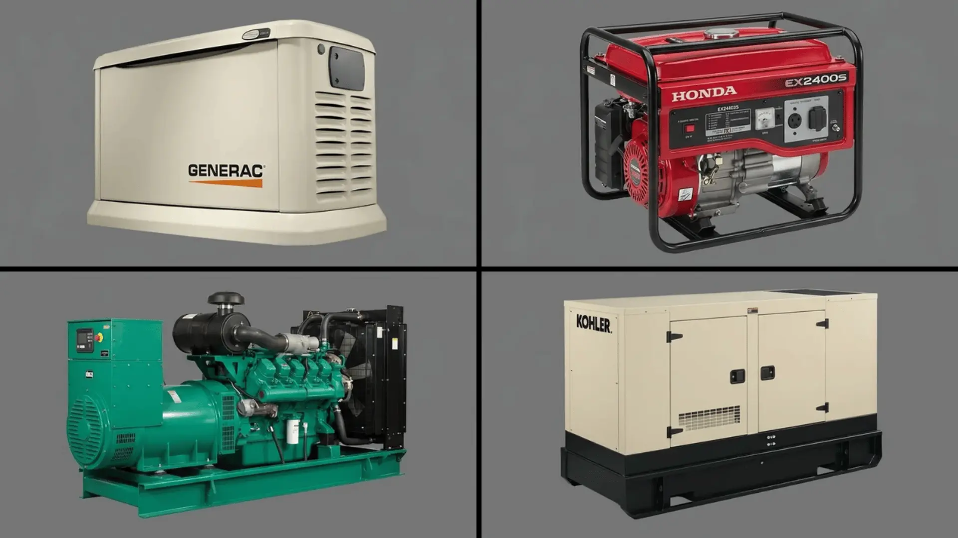 A variety of home backup generators from different brands displayed