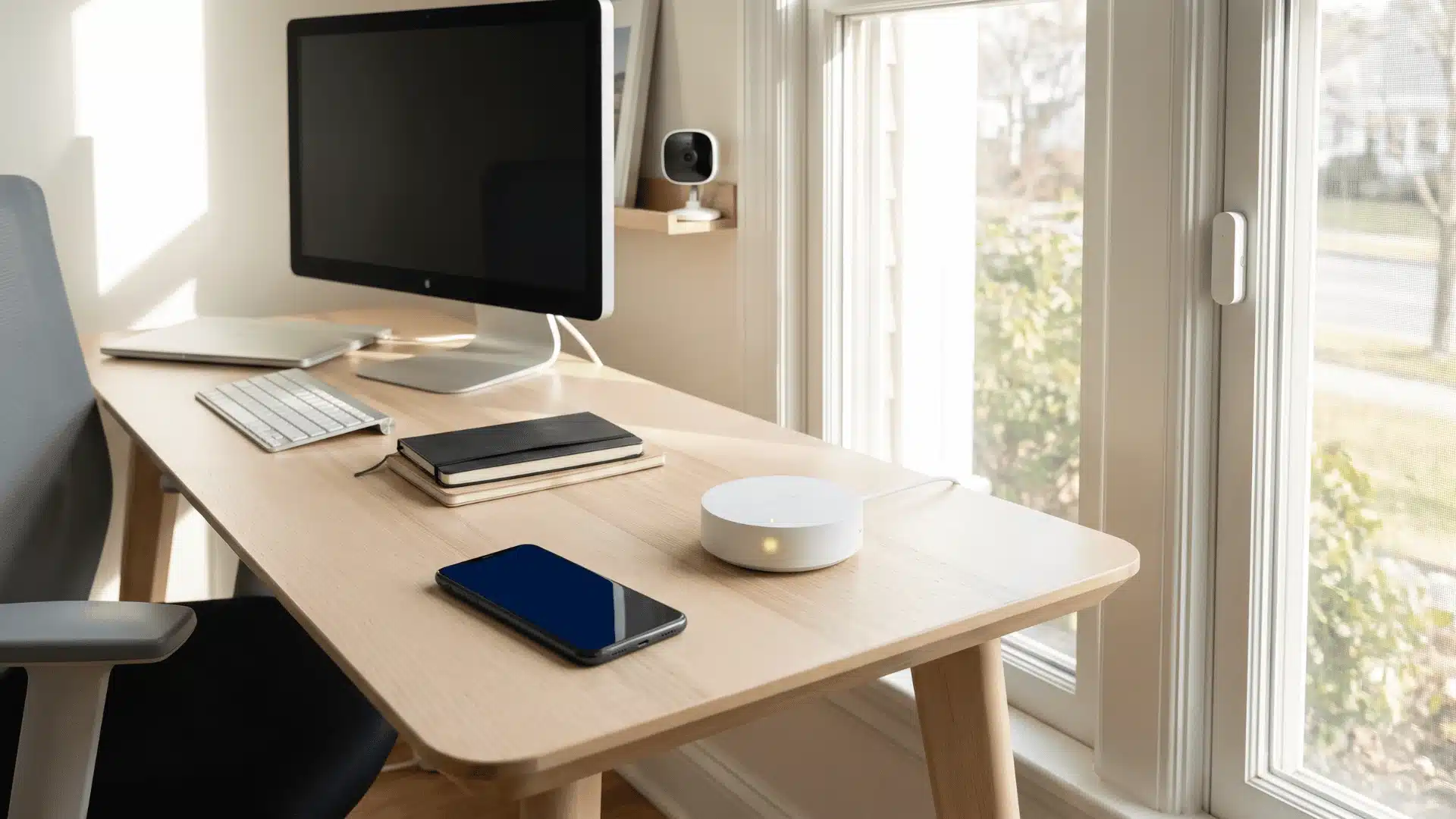 DIY security hub with locally managed smart home devices in a home office.