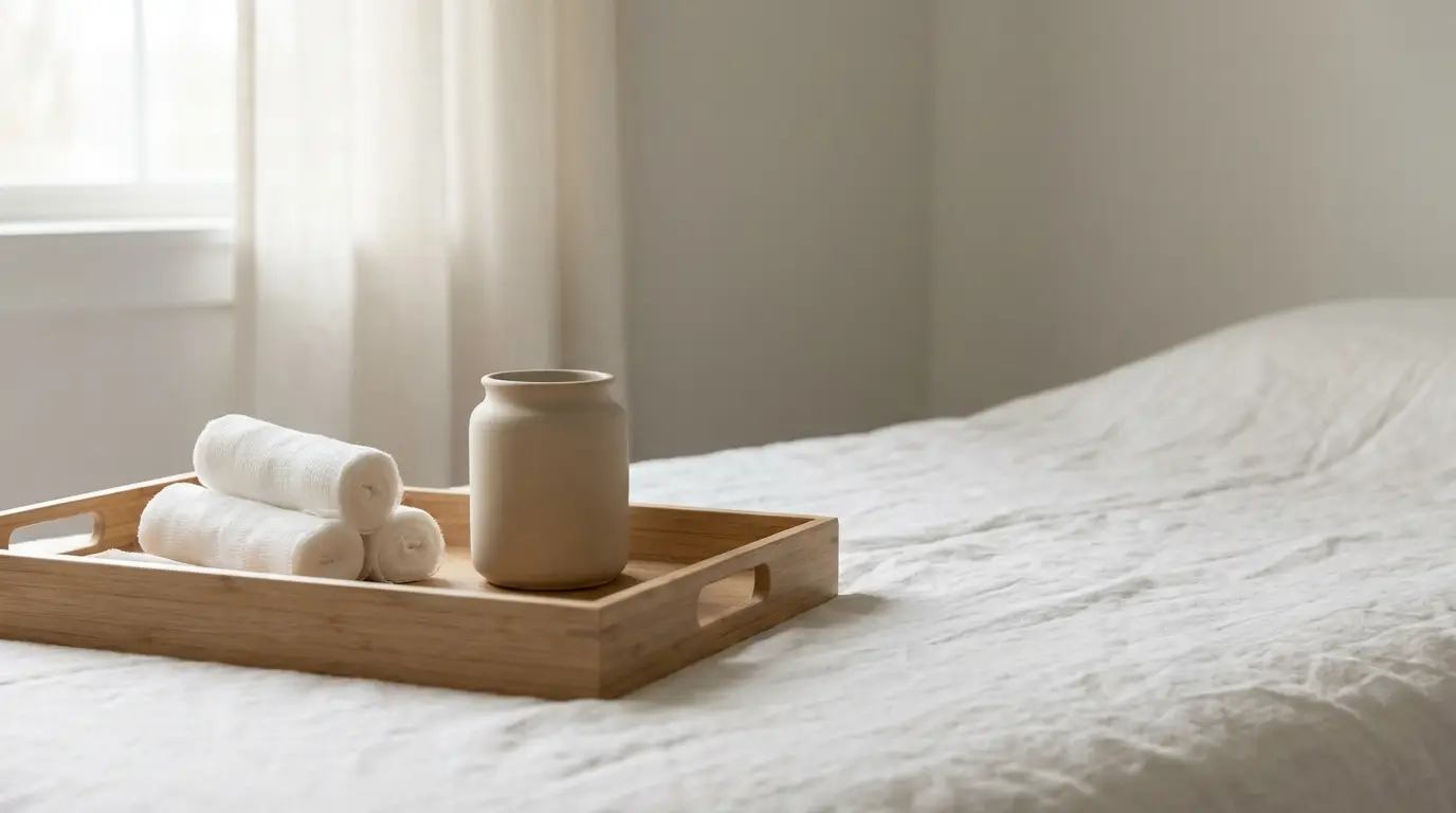 Wooden tray with rolled white towels and beige vase on bed in serene bedroom