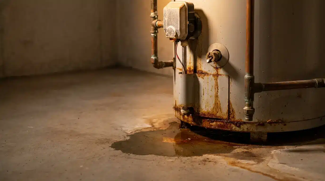Leaking rusted water heater on concrete floor in dimly lit basement