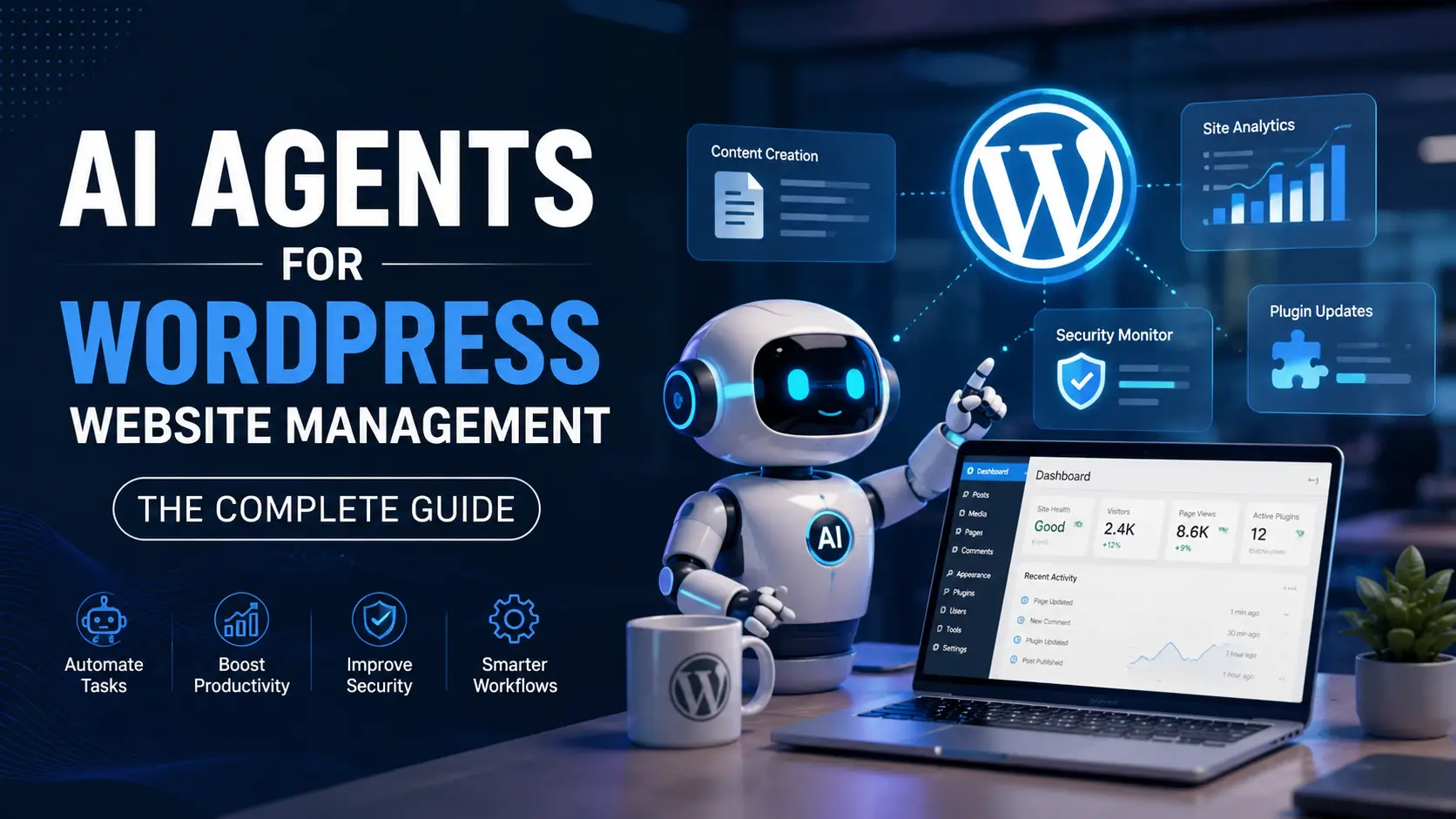 Robot holding tablet near laptop with WordPress dashboard in dimly lit office environment