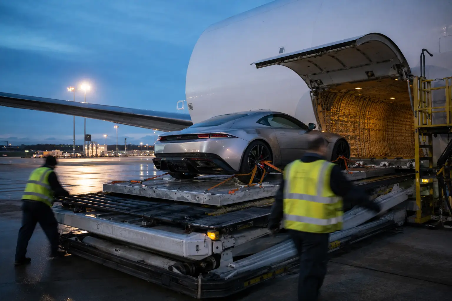 Silver sports car being loaded into cargo plane at airport under evening sky