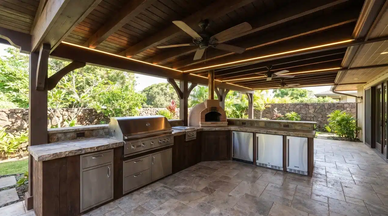 Built-in outdoor kitchen with pizza oven and stone counter under covered pergola with integrated ceiling lighting