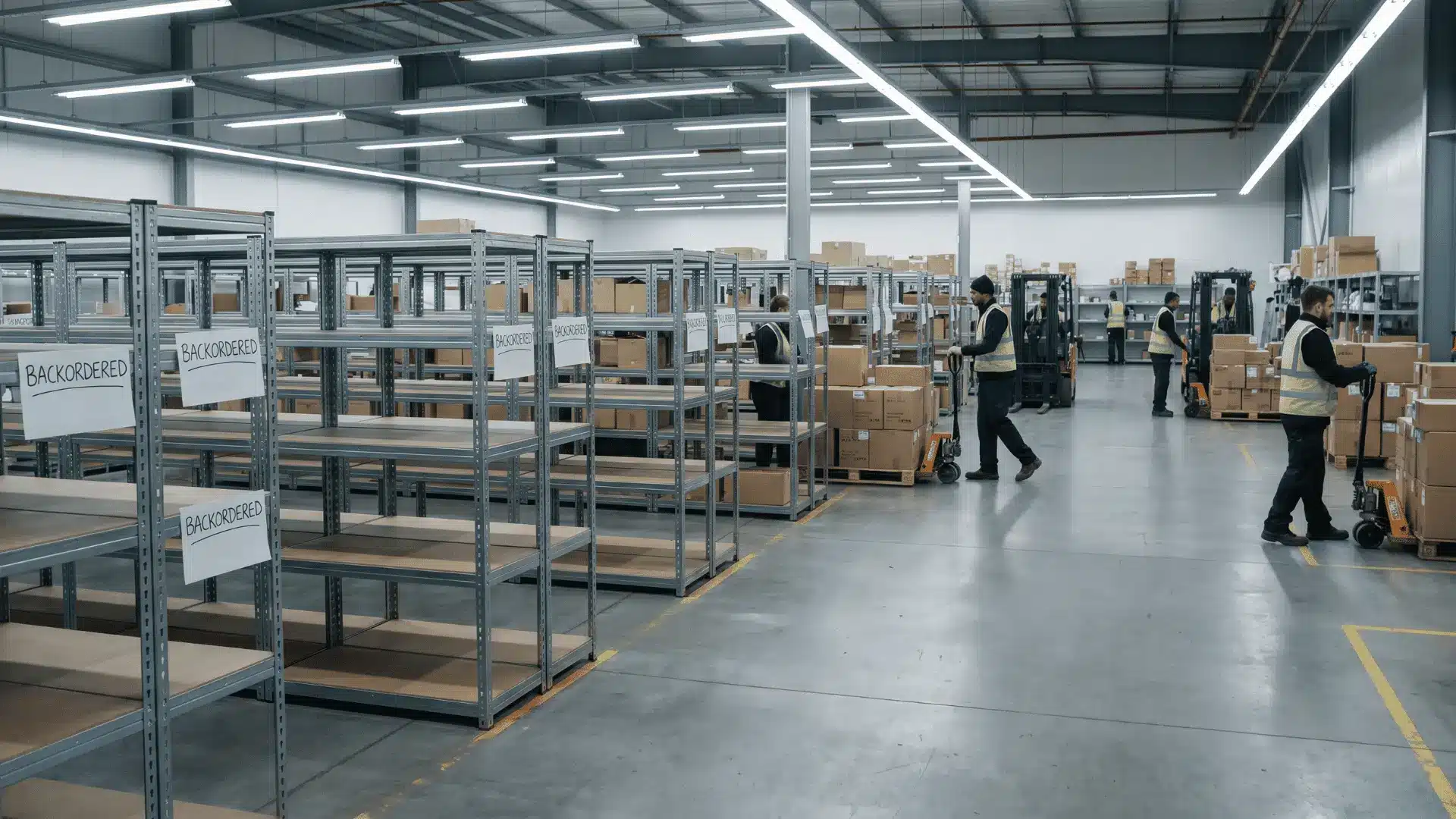 Alt Text A retail warehouse with empty shelves marked backordered while employees restock inventory.