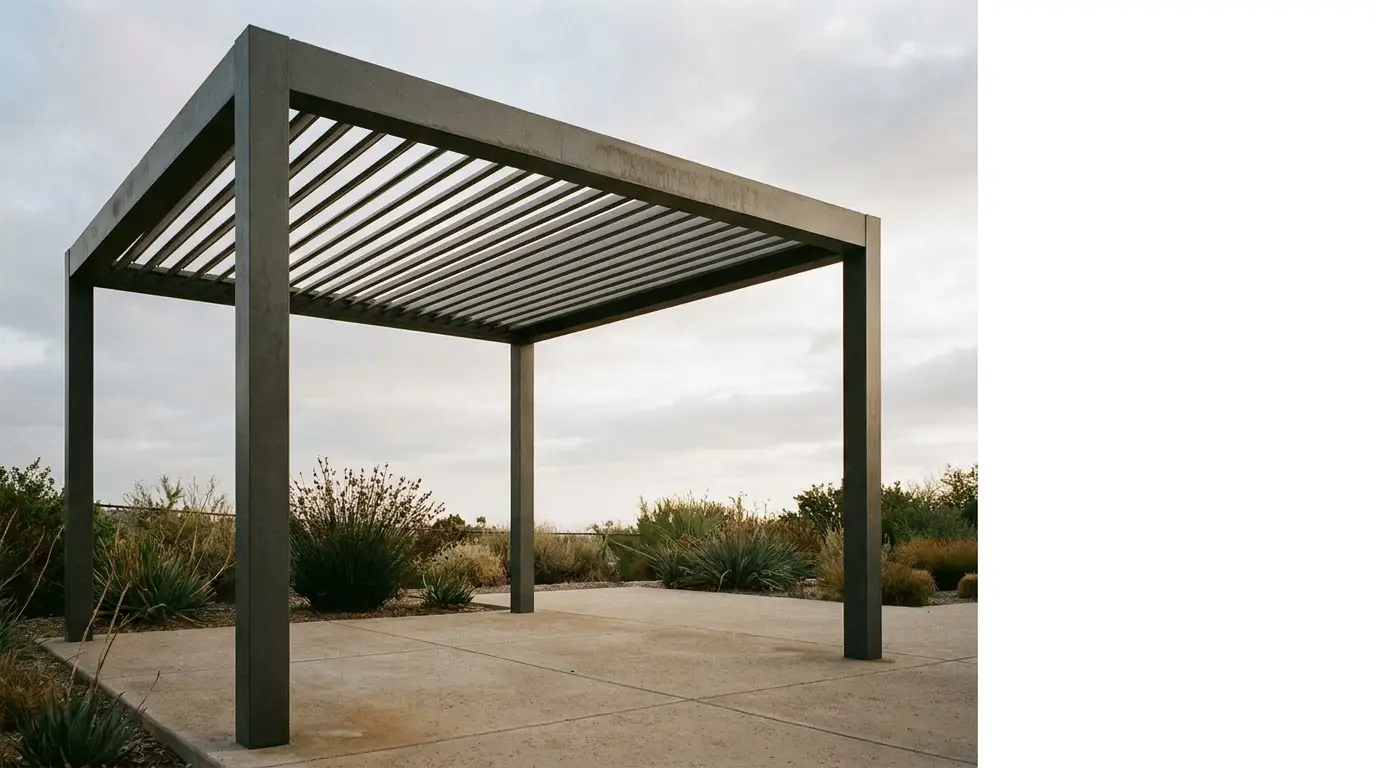 Modern steel pergola on concrete patio in outdoor garden setting with surrounding plants