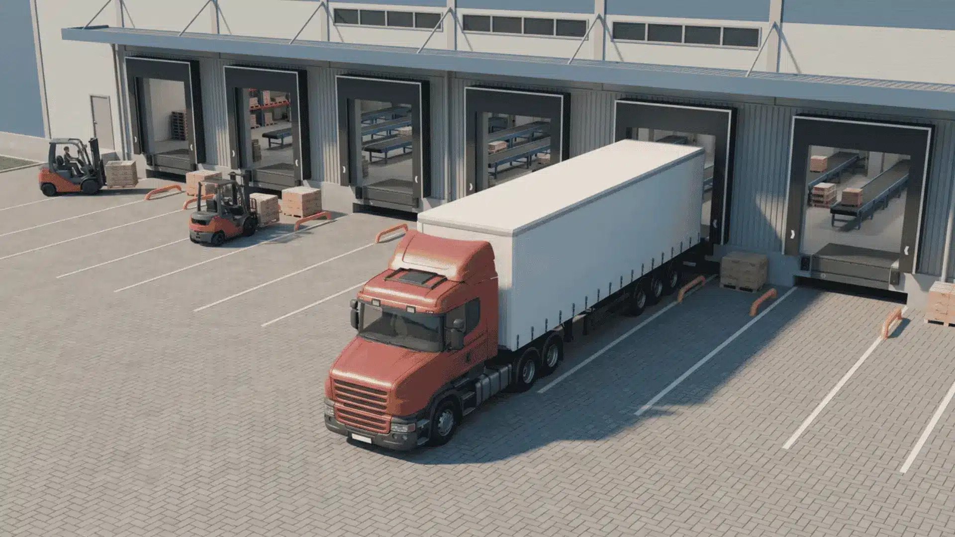 Animated cargo truck arriving at a freight warehouse loading area