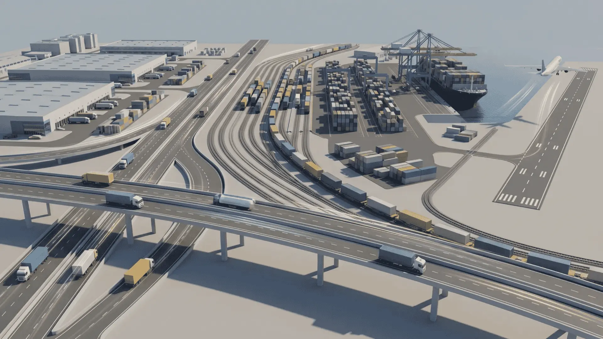 Animated freight trucks, train, cargo ship, and plane moving containers through a logistics hub