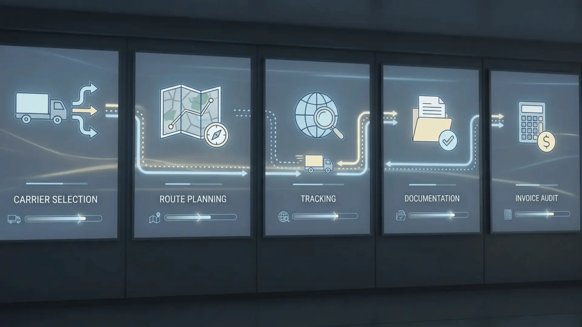 Animated freight workflow connecting shipment planning, tracking, and invoice audit stages