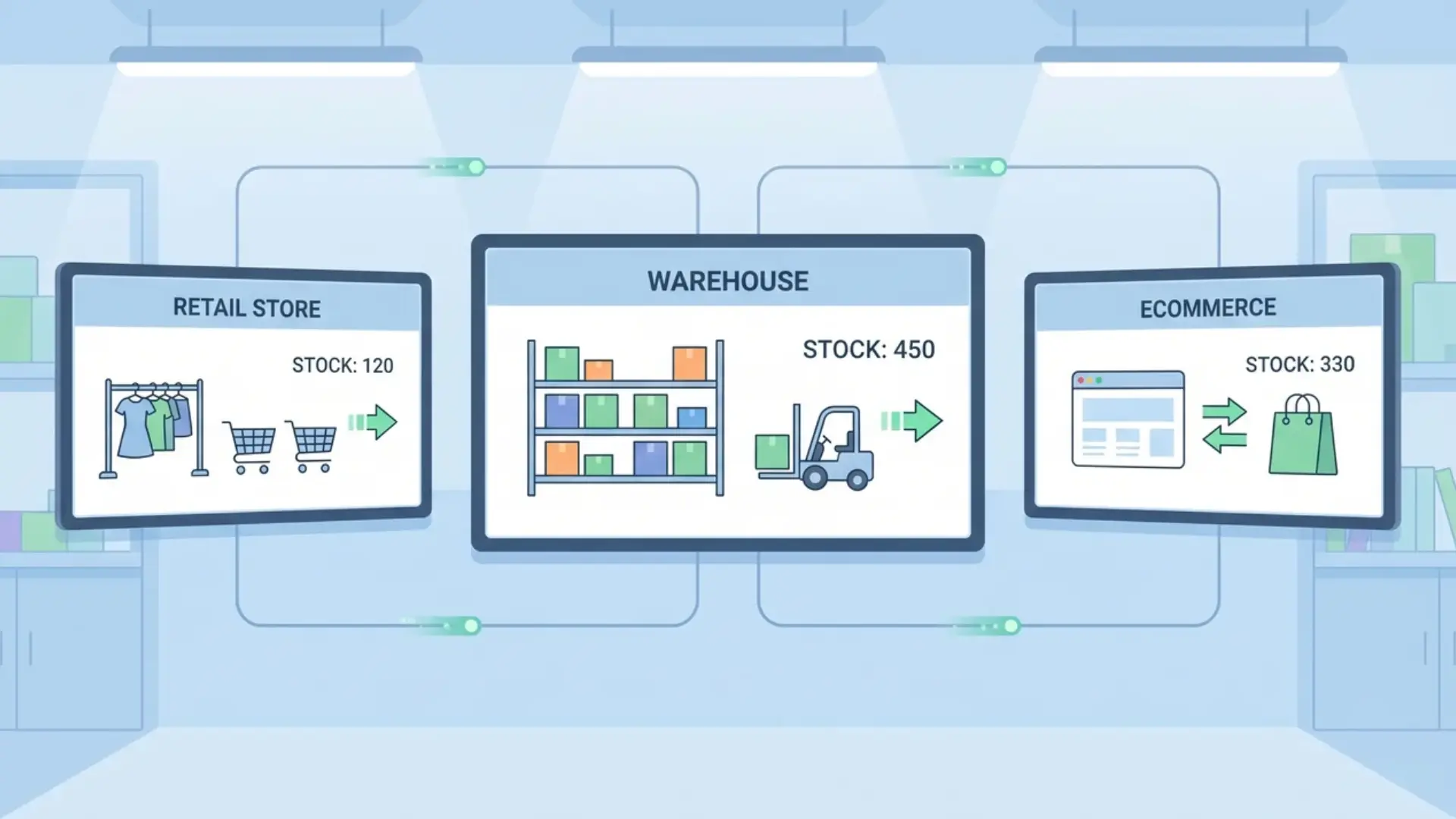 Inventory flow diagram showing retail store (stock 120), warehouse (stock 450), and ecommerce (stock 330) with transfer arrows.