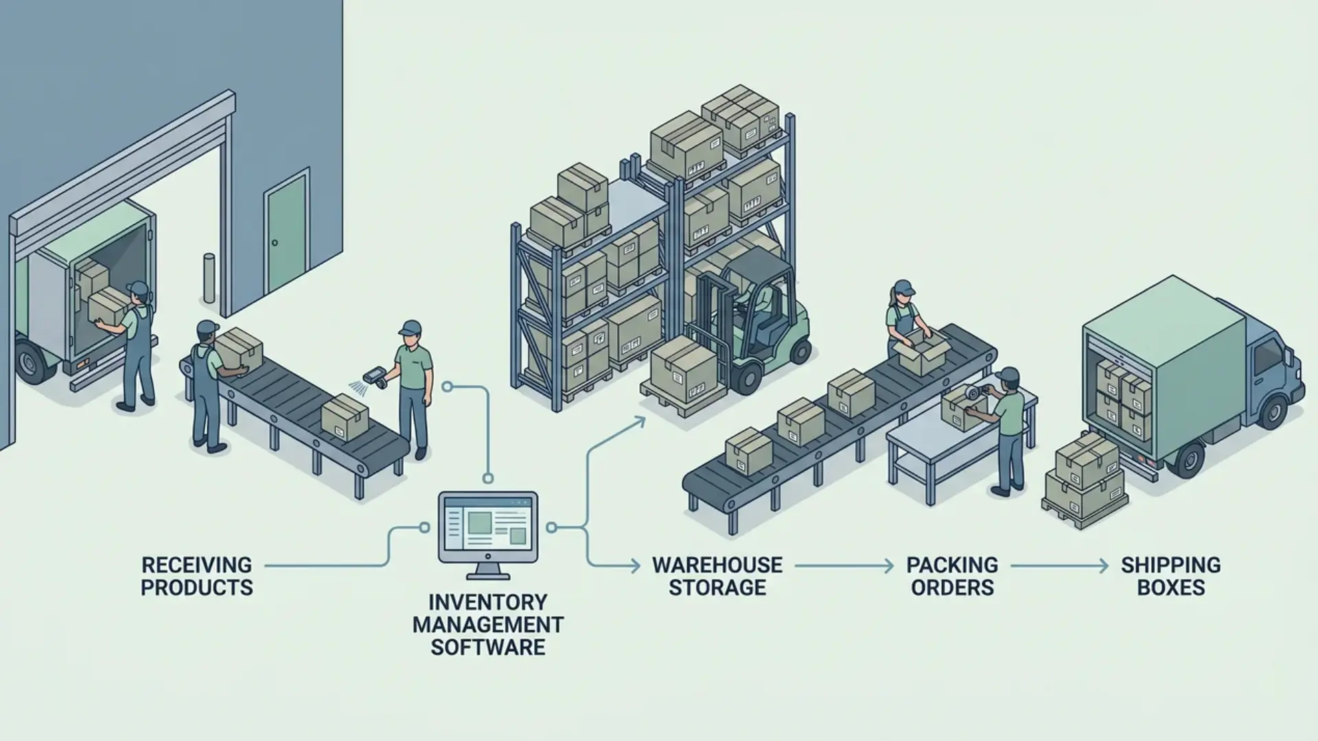 Warehouse workflow showing receiving products, inventory software tracking, storage, packing, and shipping in a step-by-step logistics flow.