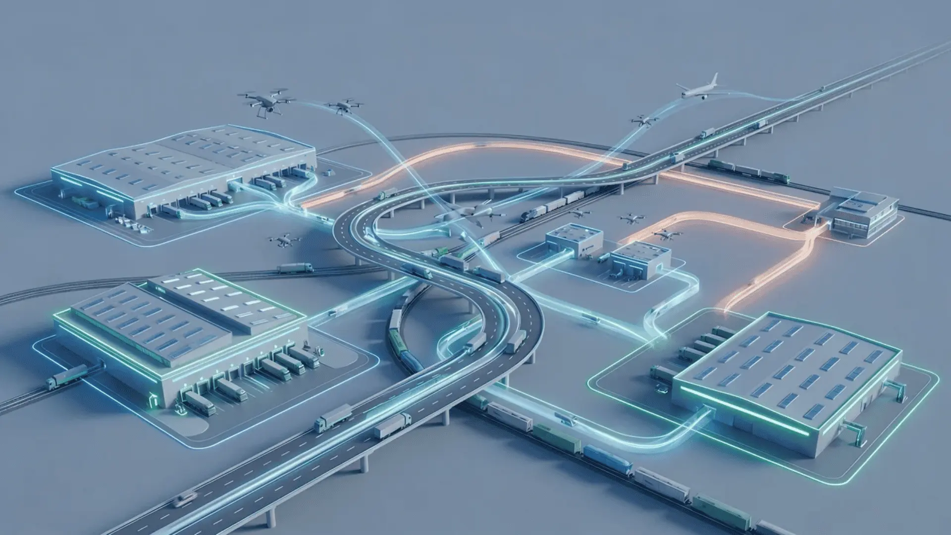 Animated logistics network showing warehouses, transportation routes, inventory flow, and regional fulfillment connections