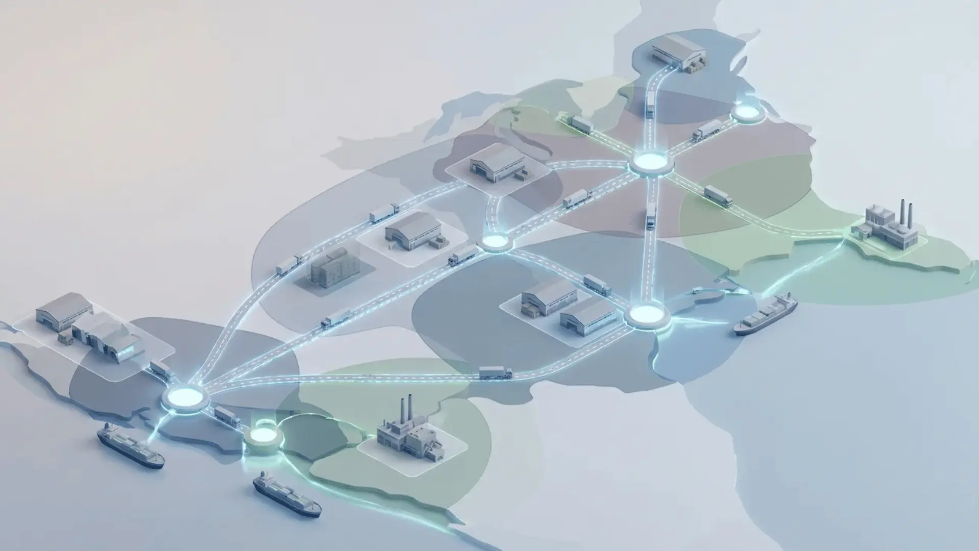 Animated supply chain layout with facilities, transportation routes, inventory zones, and connected distribution coverage