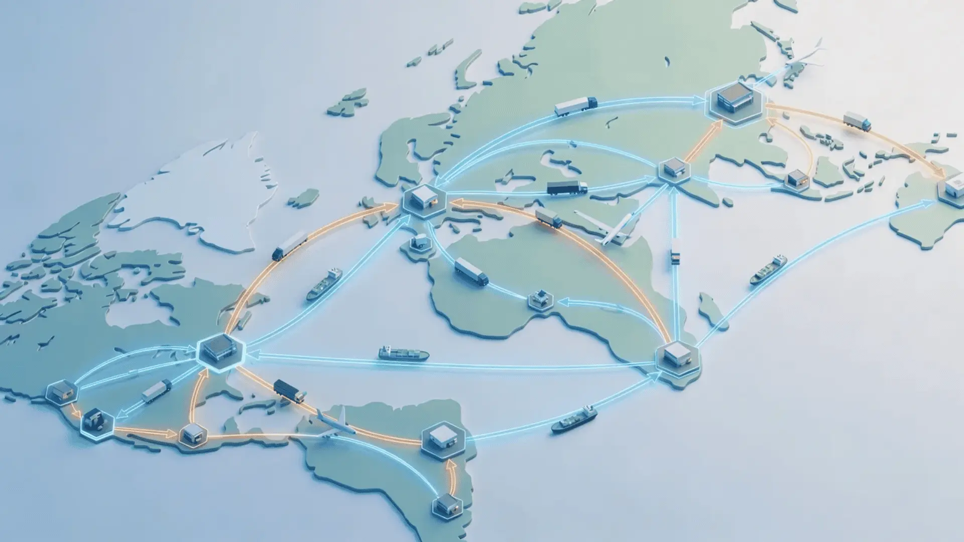 Animated supply chain network adjusting routes, facilities, and inventory movement across operational regions