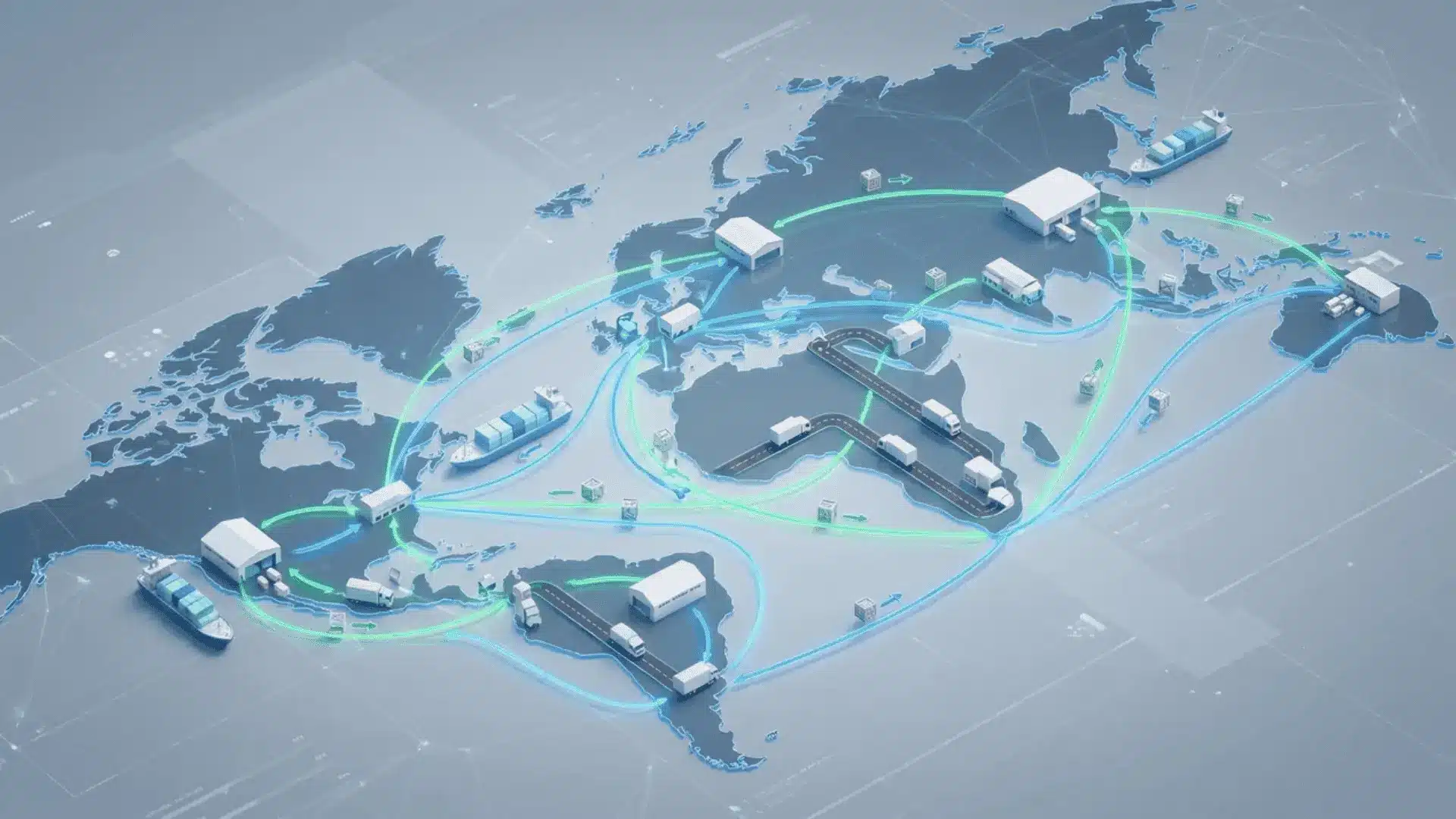 Animated supply chain network with warehouses, trucks, ports, and connected distribution routes across multiple regions