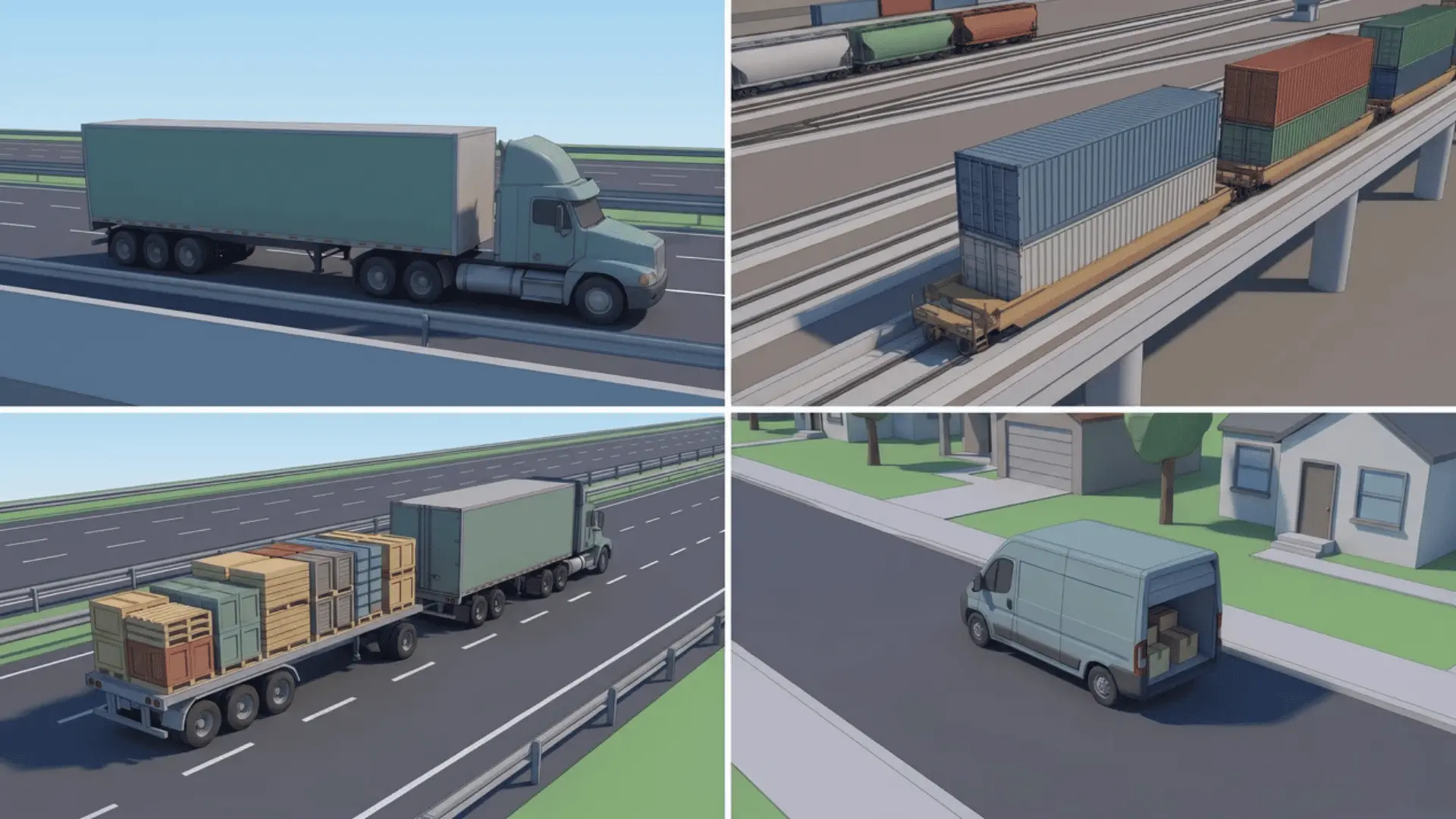 Animated truck, rail container, and parcel van moving freight in different transport modes
