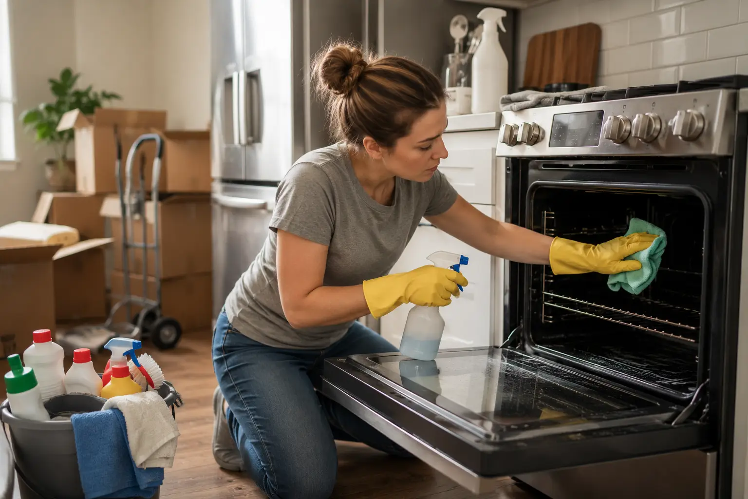 Woman wearing yellow gloves cleaning an oven in a kitchen with cleaning supplies nearby