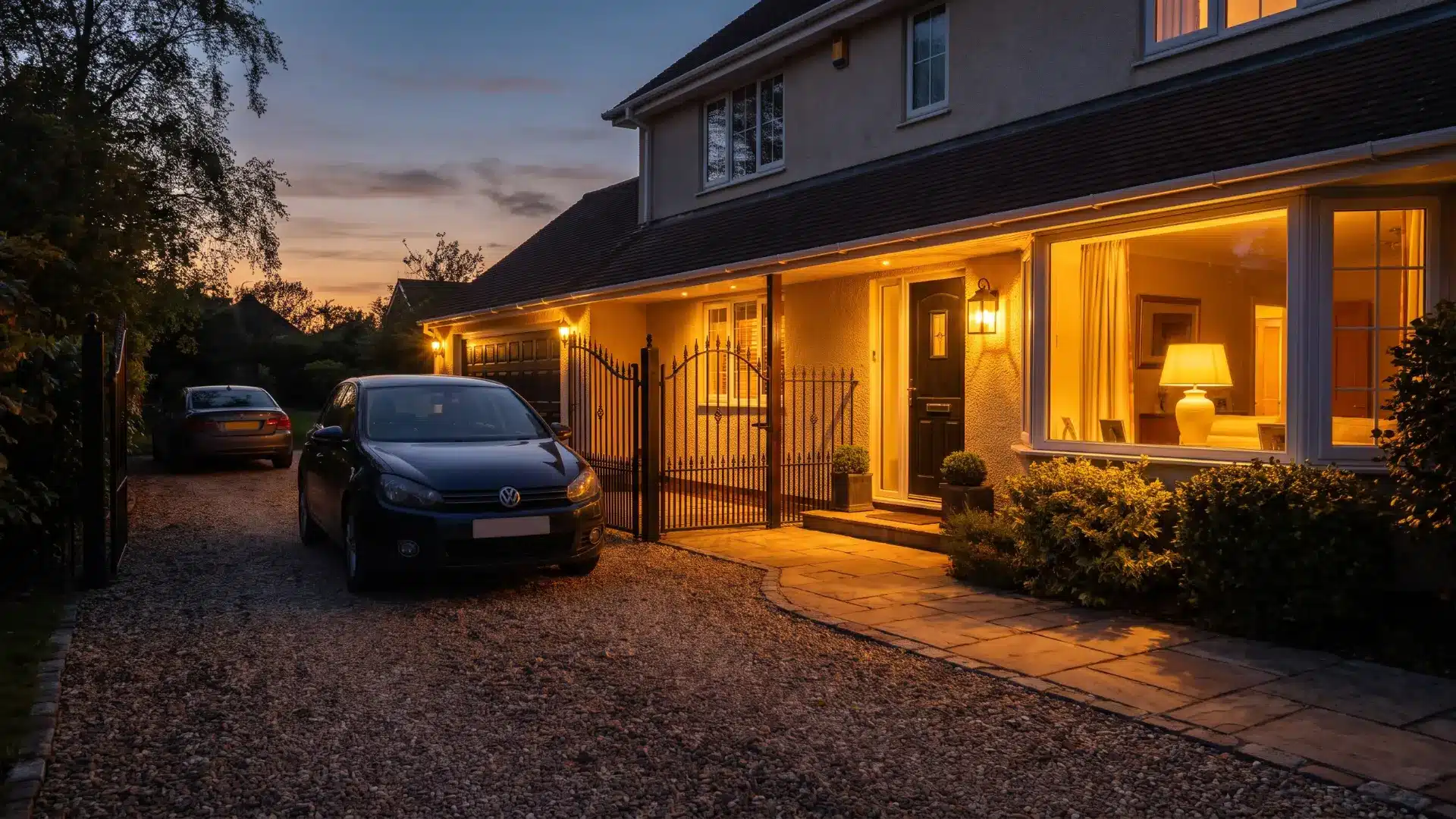 Porch and entry lights switching on automatically as a car approaches the home at dusk.
