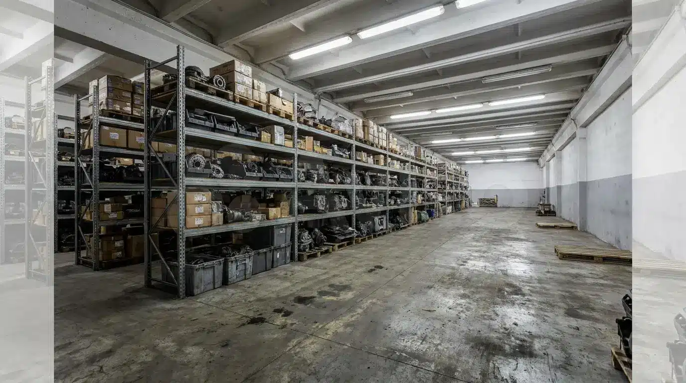 Large industrial warehouse with metal shelves storing boxes and machinery parts under fluorescent lighting