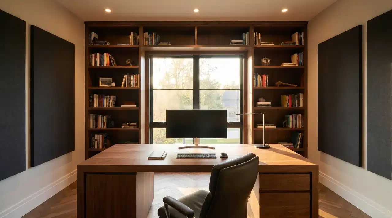 Bespoke home office with built-in bookshelves, large window, hidden cable desk, and acoustic panels for a focused workspace.