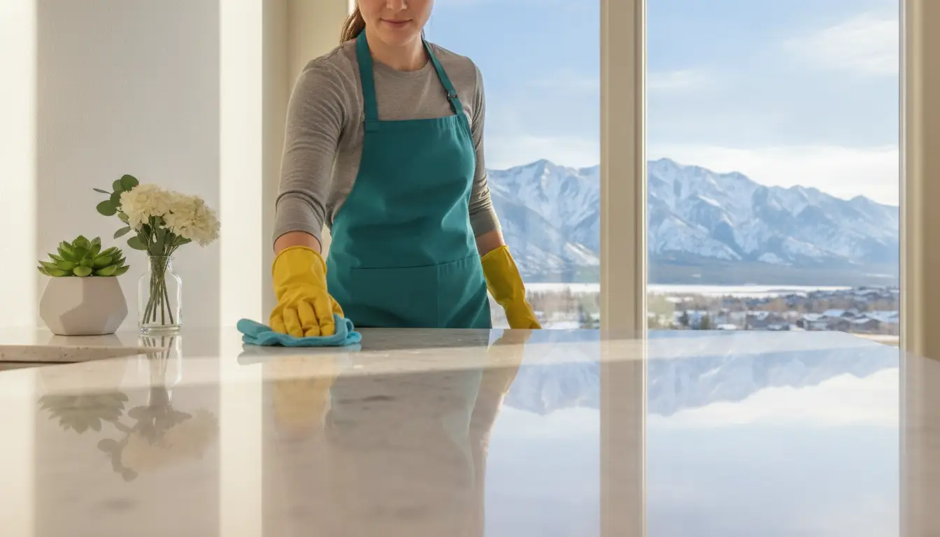 Woman in teal apron cleaning marble countertop with mountain view through window