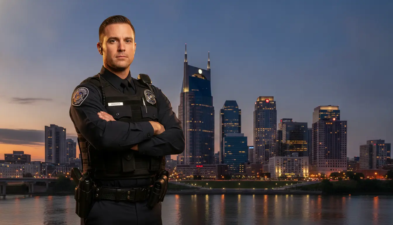 Police officer in uniform standing with arms crossed in front of city skyline at dusk