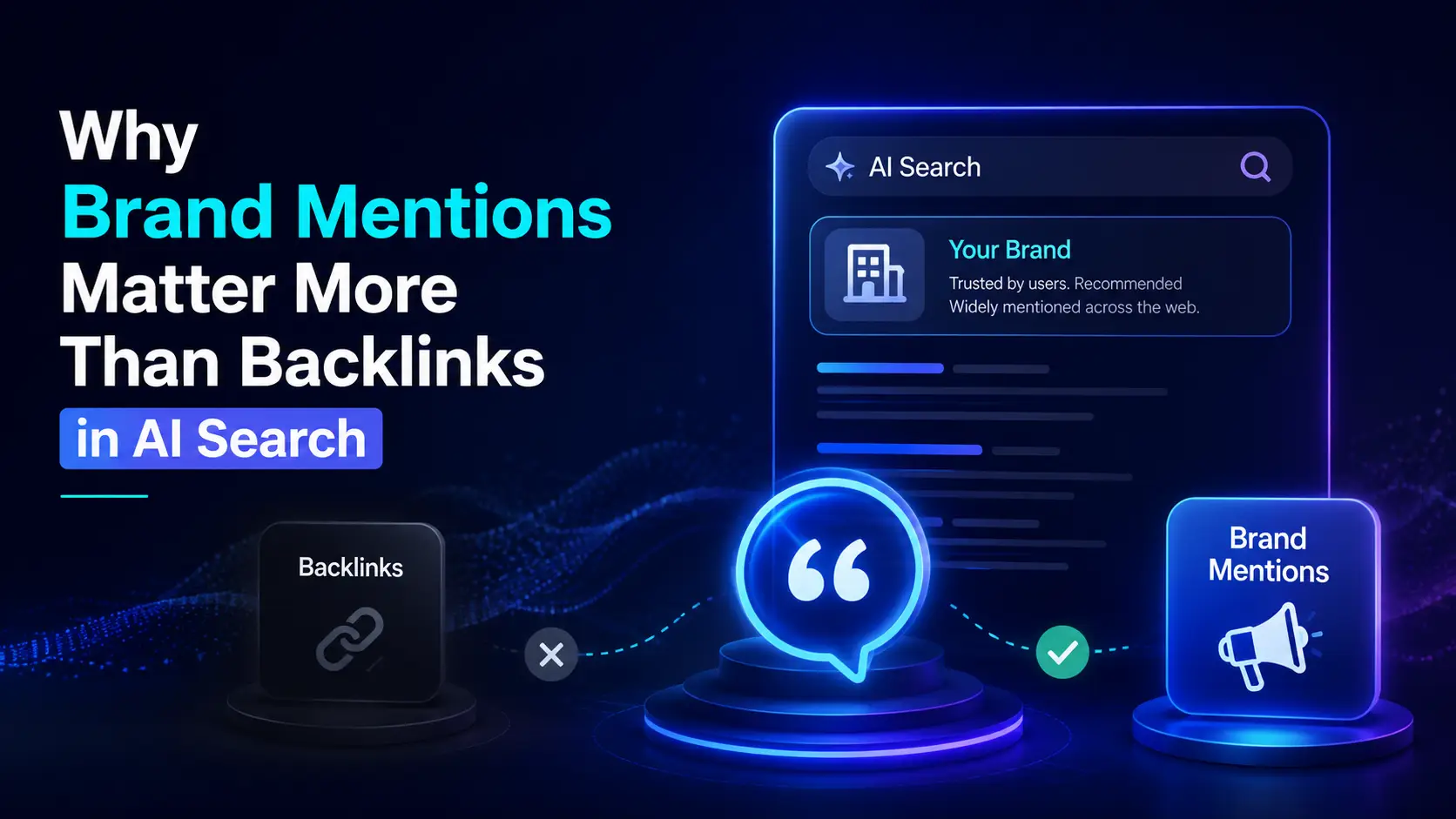 Digital graphic featuring "AI Search" interface with highlights on brand mentions in a dark blue theme