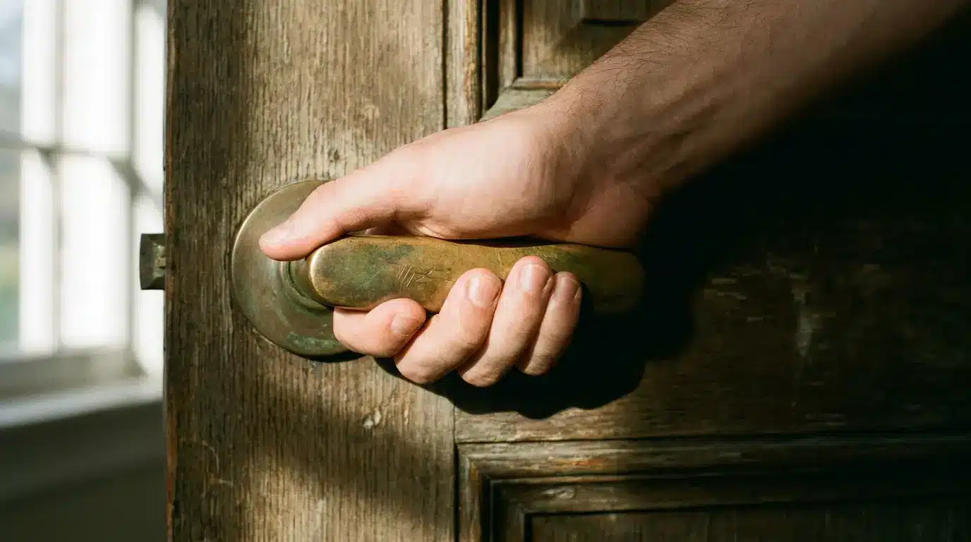 Hand gripping brass door handle on rustic wooden door in natural light