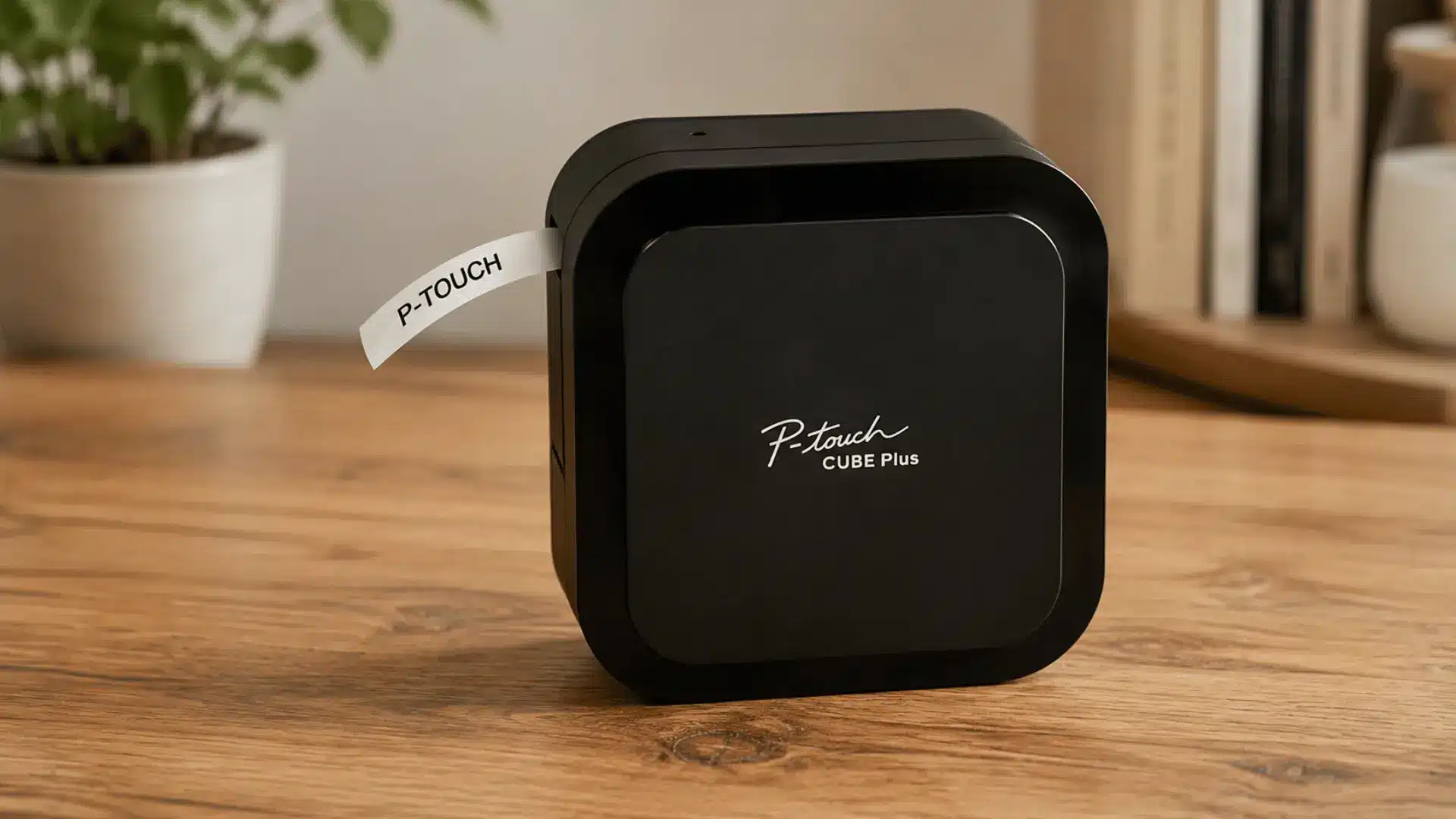 The label maker is now shown in a wide 16:9 frame on a wooden table with a softly blurred home-office background.