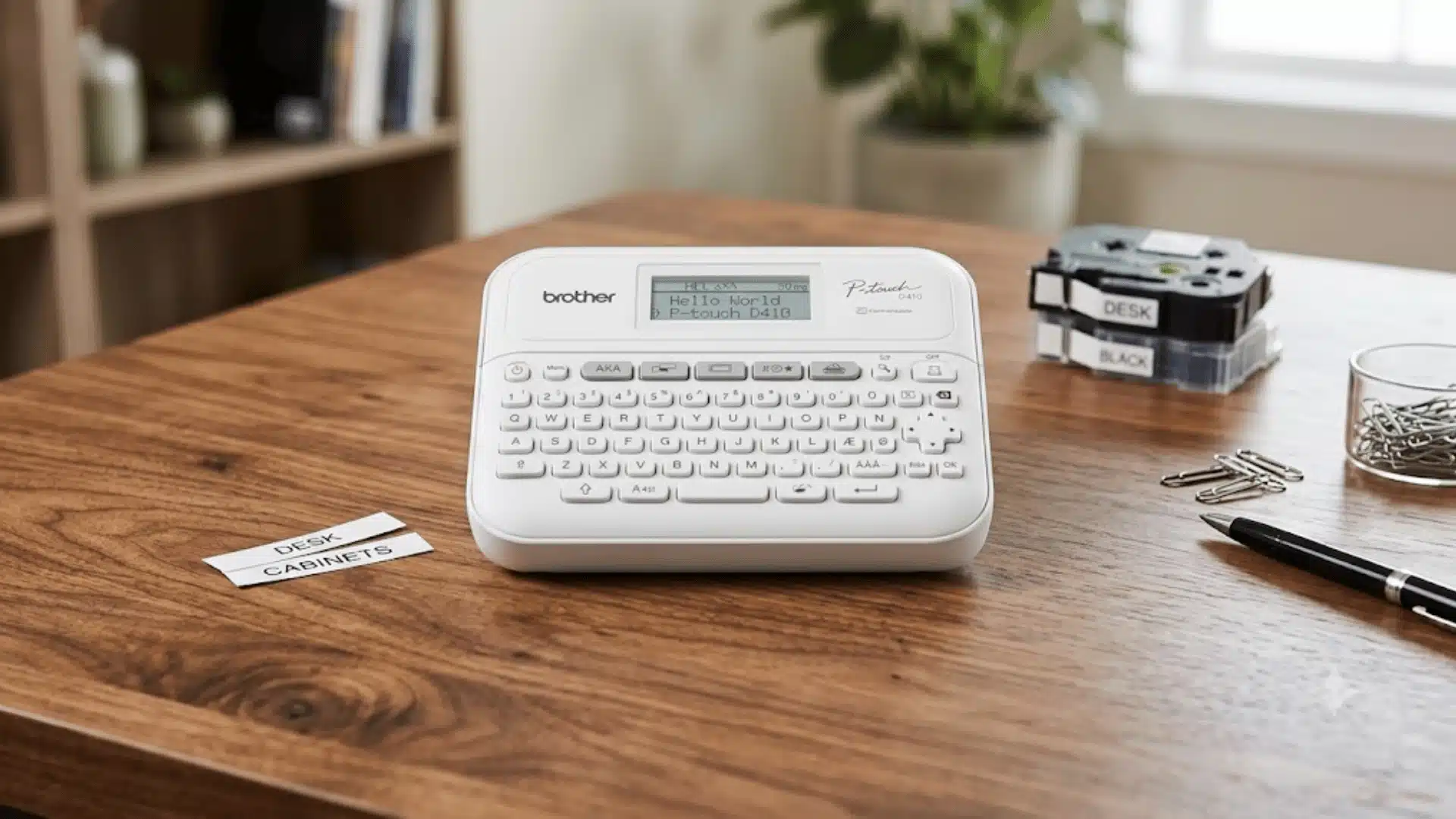 Brother label maker on a wooden table with printed labels, tape cartridges, paper clips, and a pen.