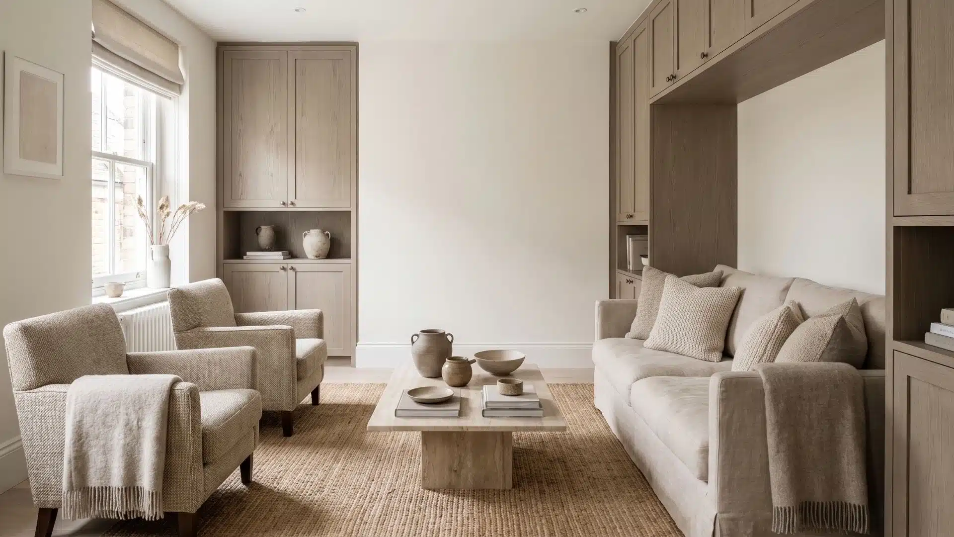 Small interior with warm neutral walls, cabinets, linen upholstery, and layered textures