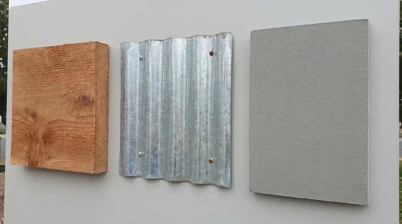 Cedar siding, corrugated metal, and fiber cement board samples side by side showing surface texture and edge detail