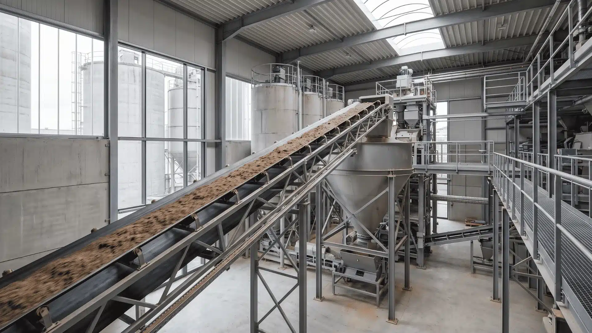 Bulk conveyor feeding loose material into a hopper with storage silos inside an industrial warehouse.