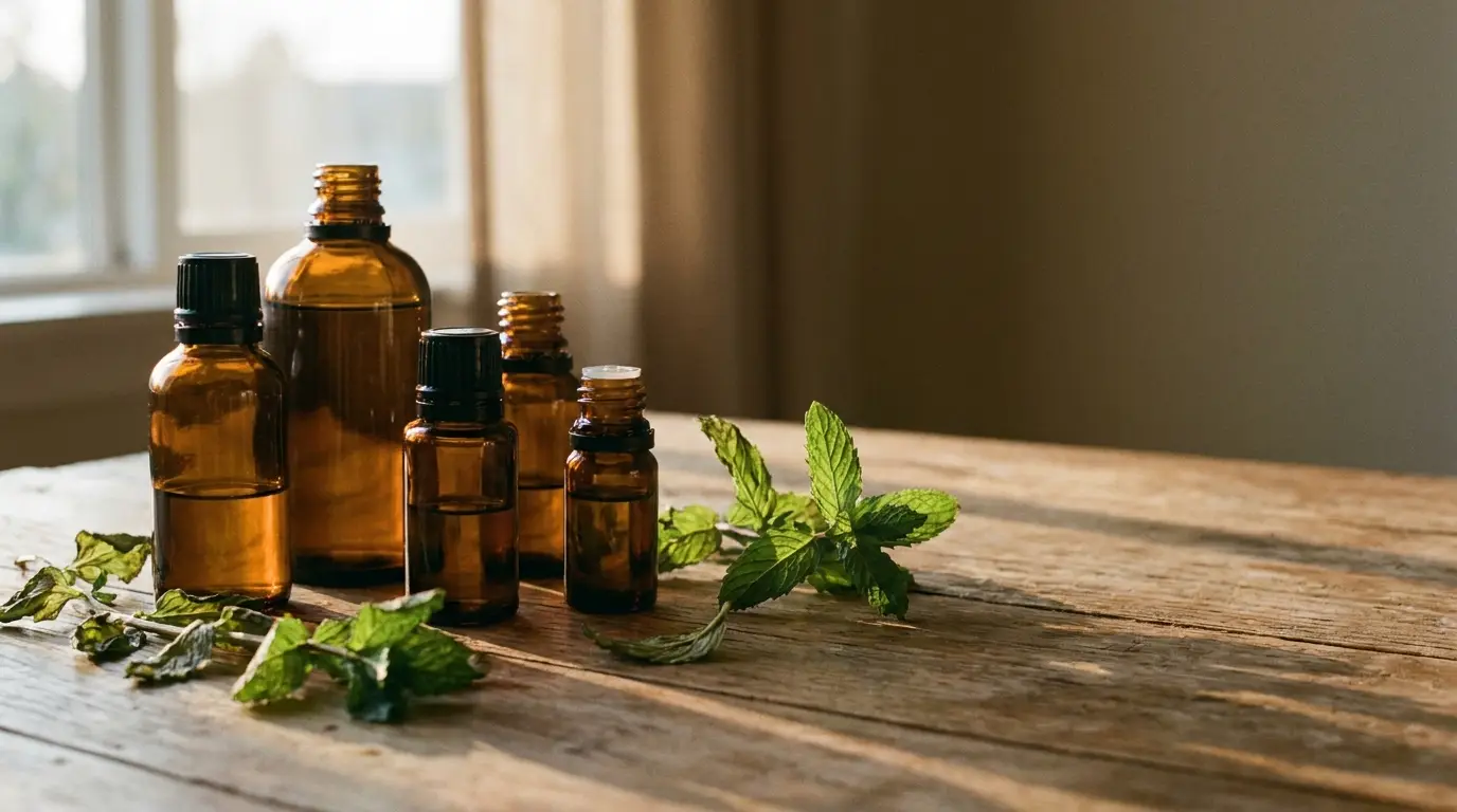 Brown glass bottles and fresh mint leaves on rustic wooden table in natural light