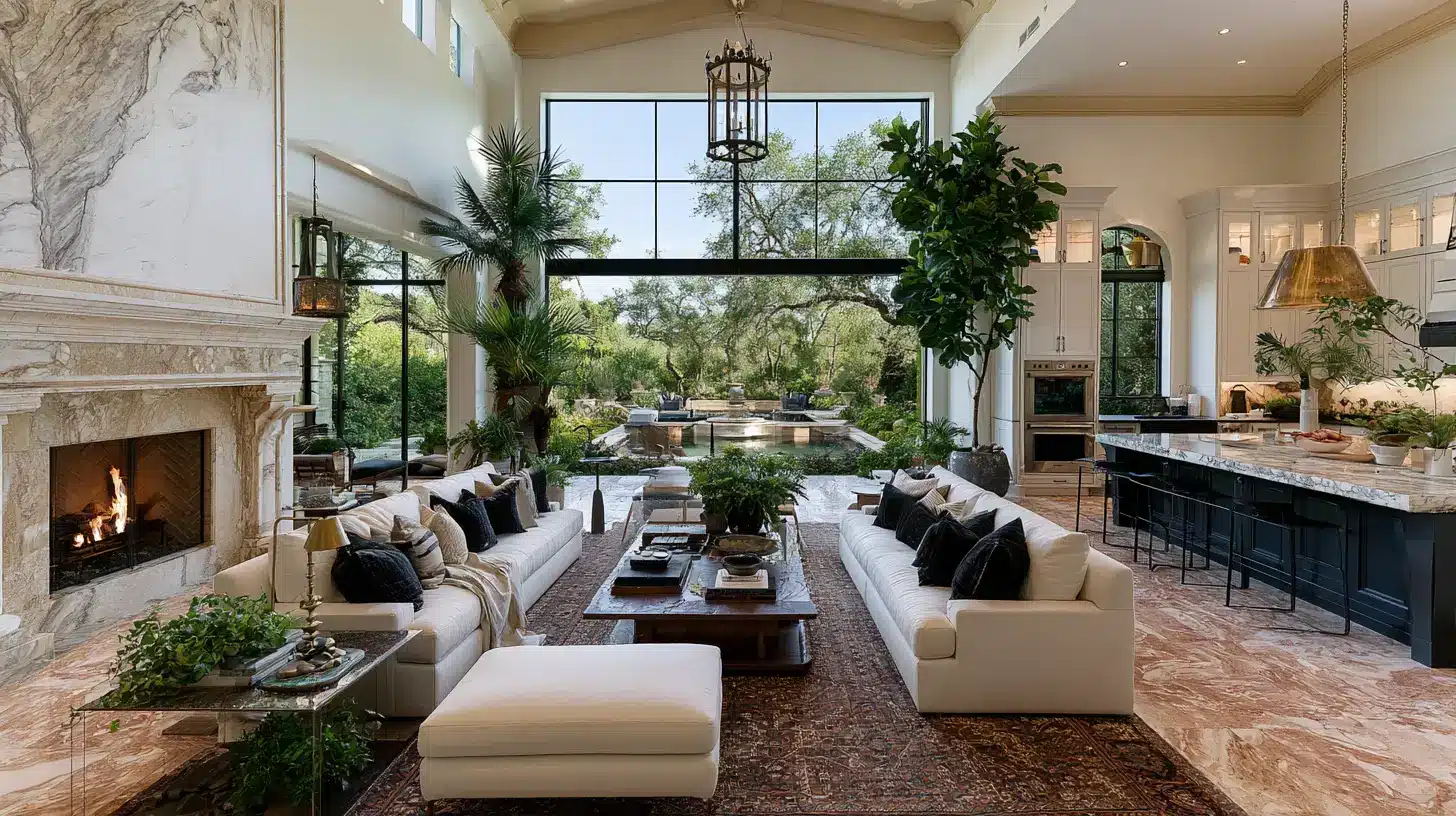Luxurious living room with fireplace and garden view featuring elegant sofas and indoor plants