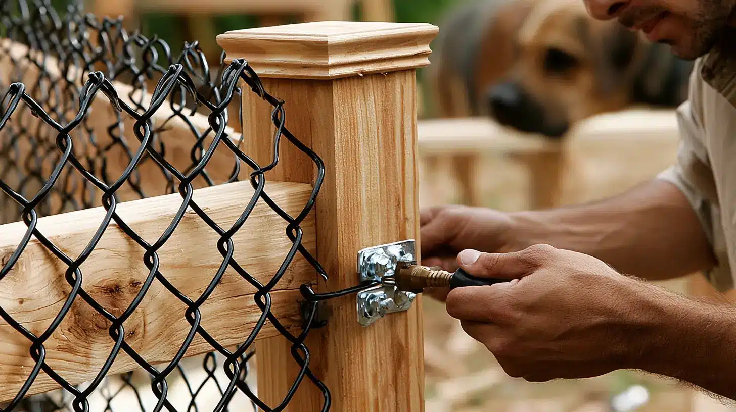 Person securing chain-link fence to wooden post outdoors with a screwdriver
