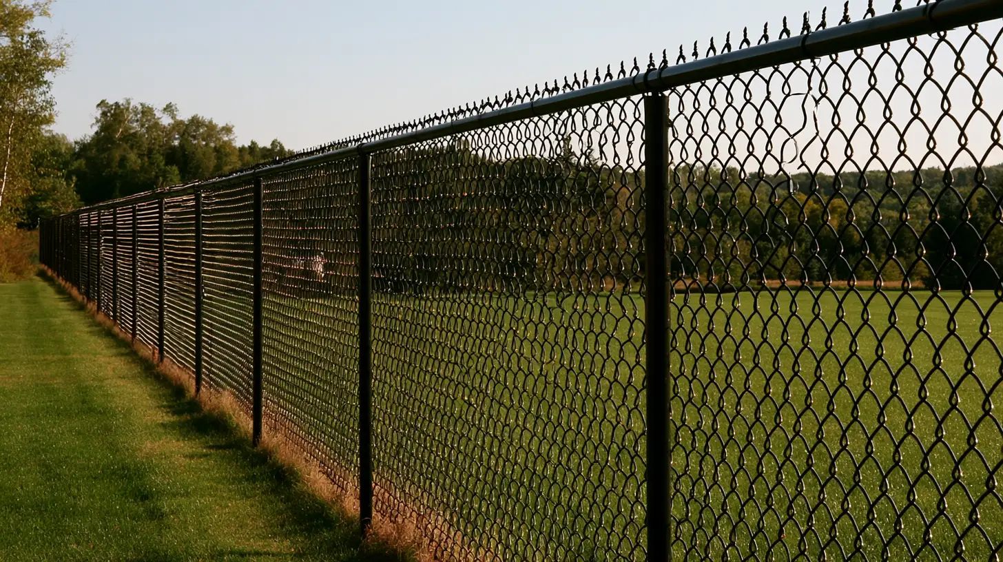 Chain-link fence surrounding a lush green field under a clear blue sky