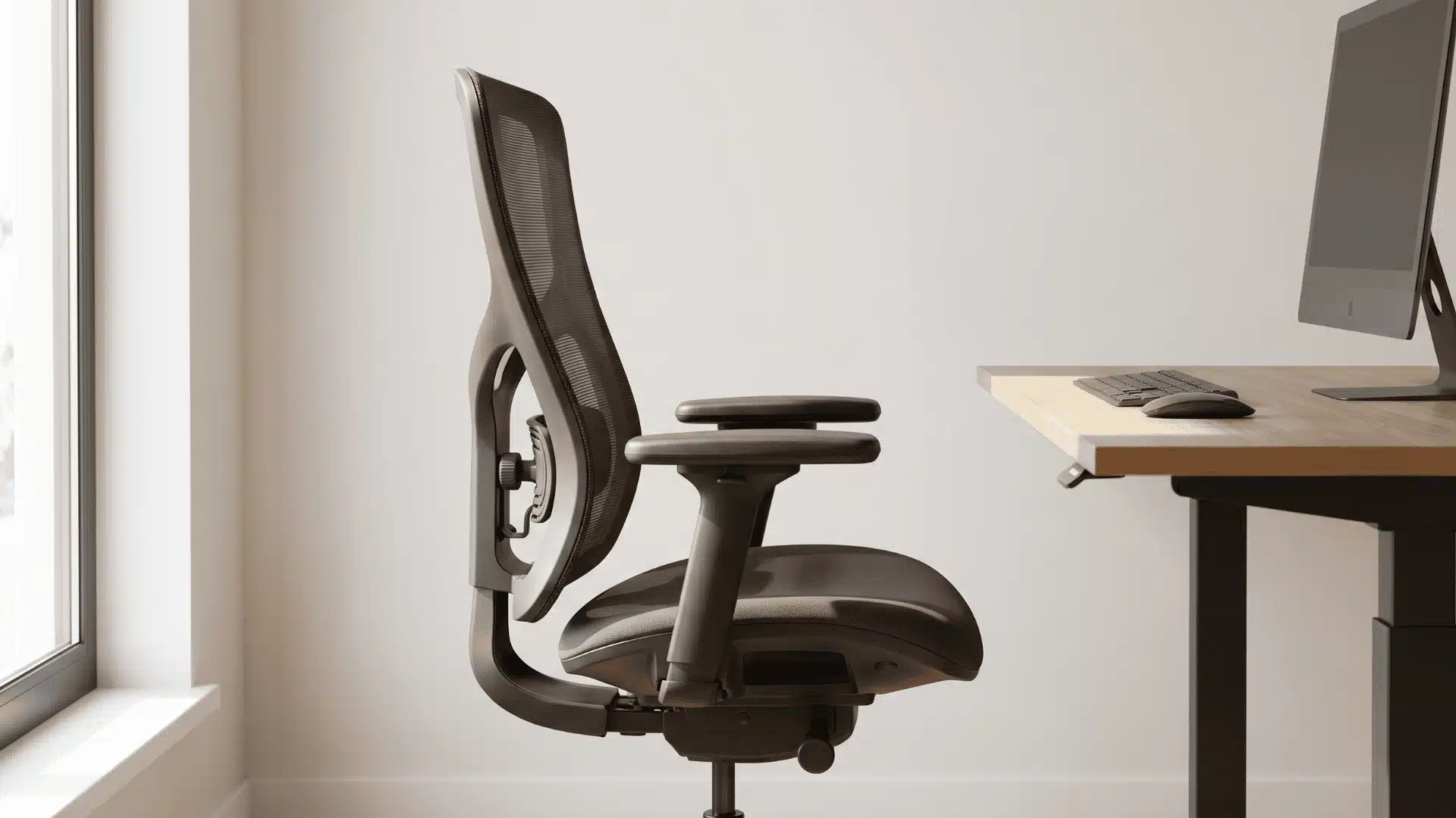 Ergonomic office chair at a desk in a modern home office with natural daylight
