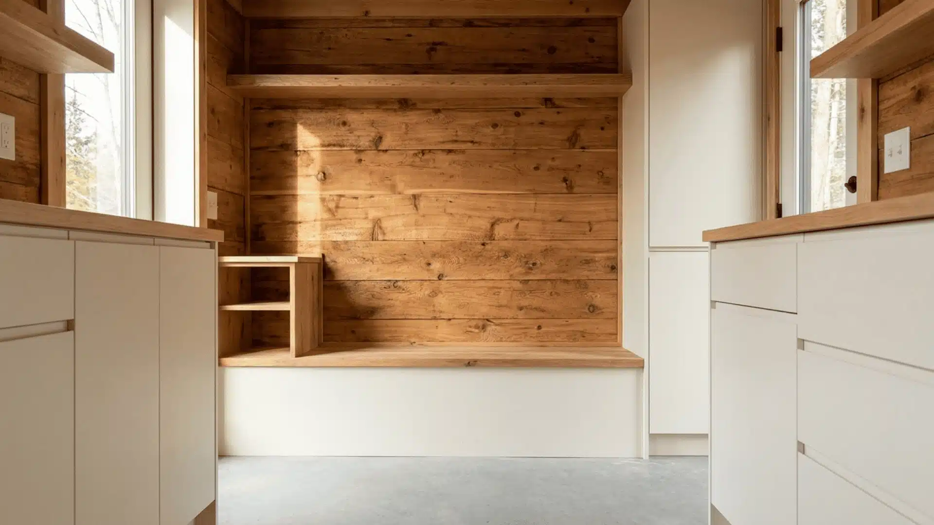 Tiny home interior with exposed cedar wall planking as a statement material