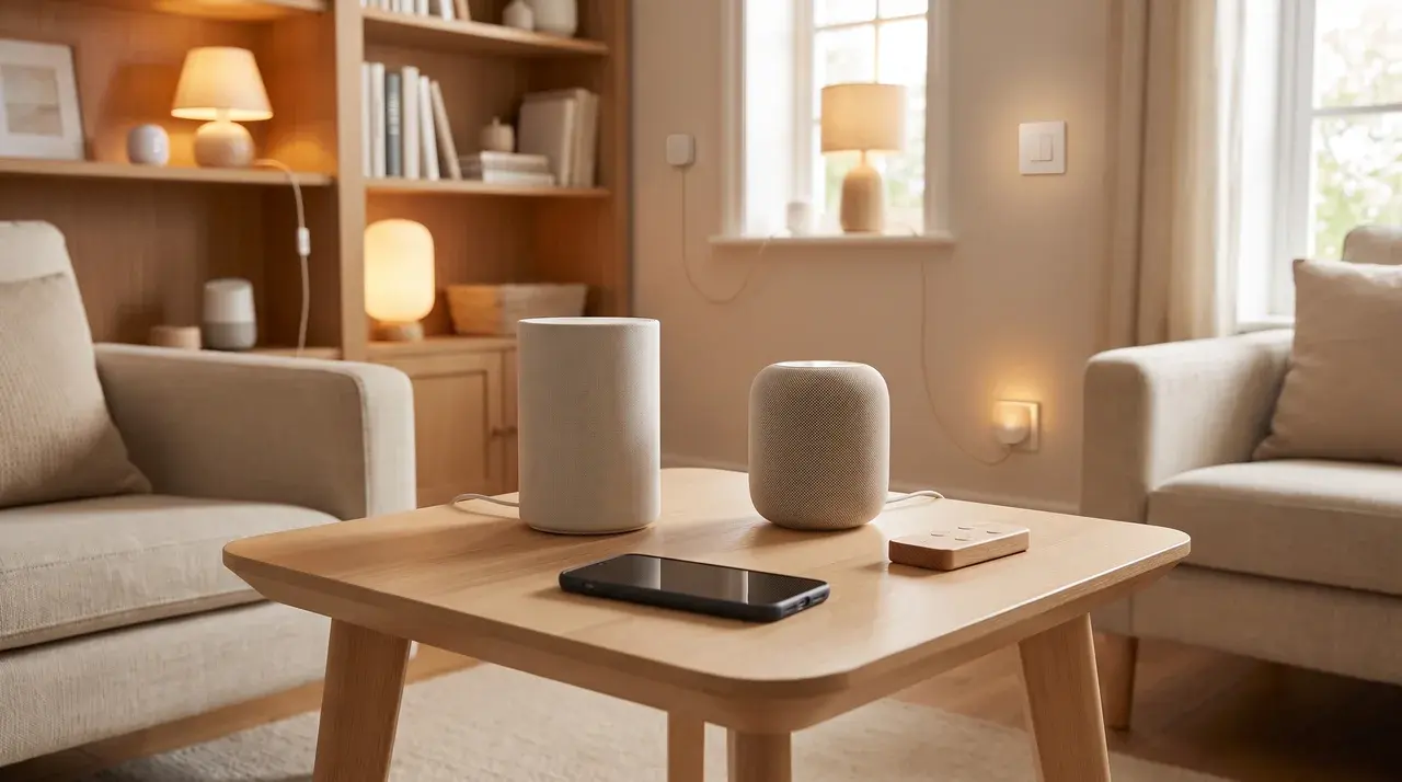 Generic smart home hub connecting lights, switches, speakers, and sensors in one living room.