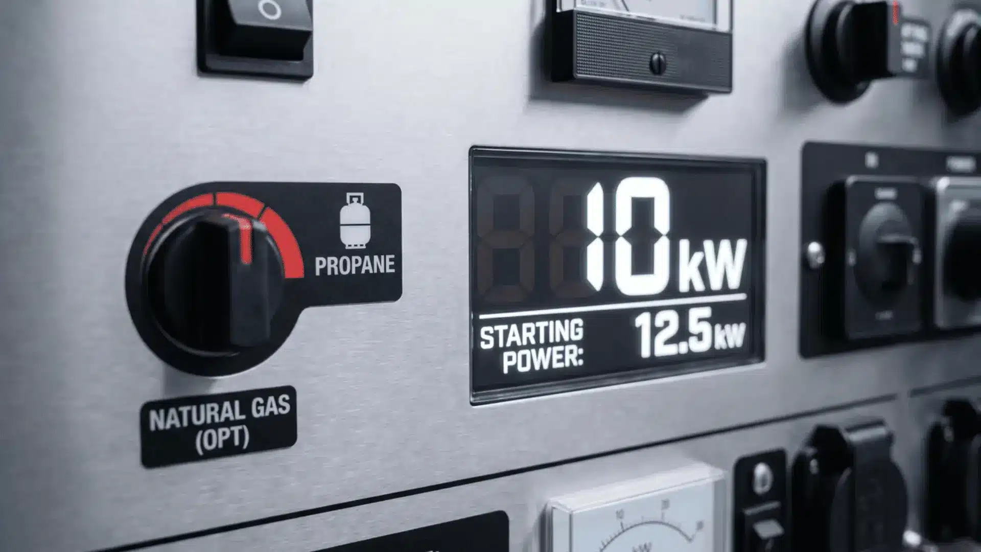 Close-up of a generator panel, highlighting fuel types and power output specifications.
