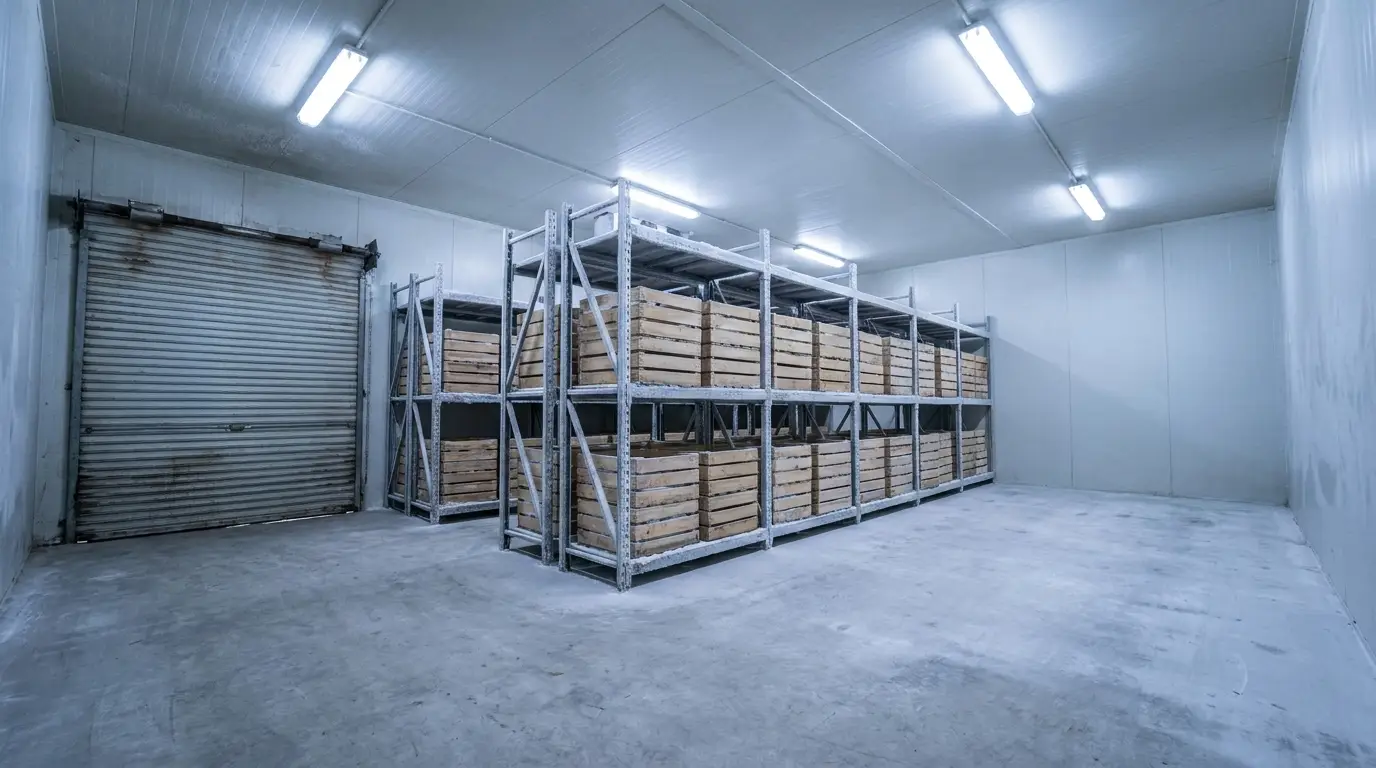 Wooden crates stacked on metal shelves in a large industrial cold storage room
