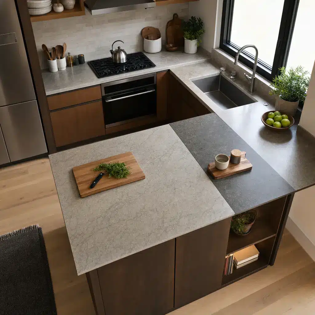 Modern kitchen with herb-topped cutting board on countertop, bowl of green apples by sink