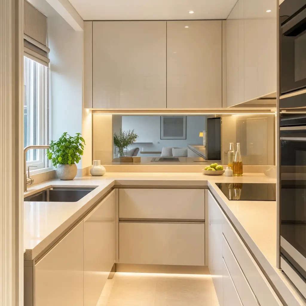 Modern kitchen with glossy cabinets, induction cooktop, and potted plant by the window
