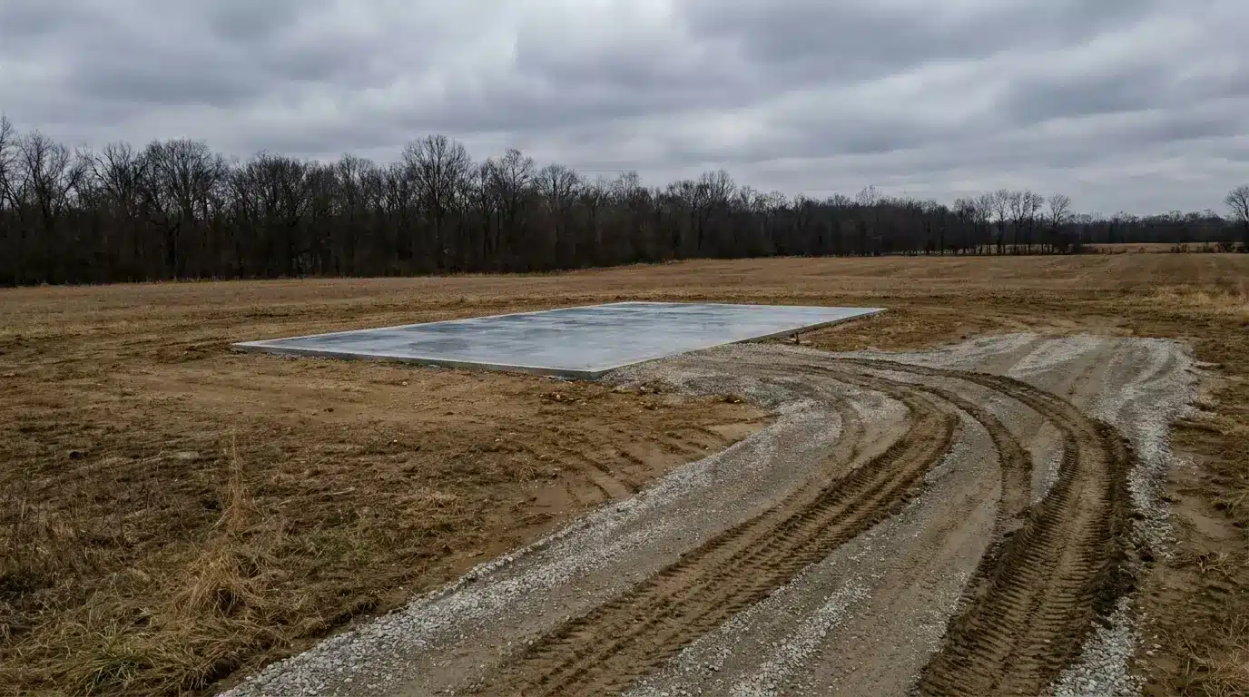 Concrete foundation slab on a cloudy day in an open field with tree line