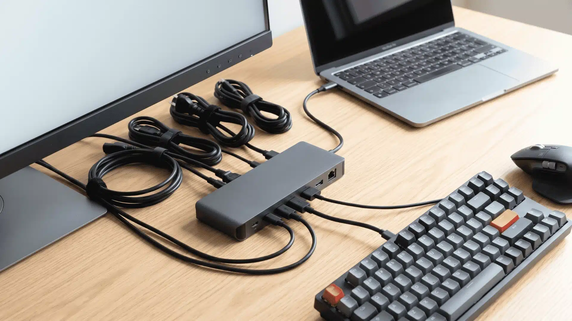 Laptop connected to monitor and keyboard via a USB-C hub on a desk