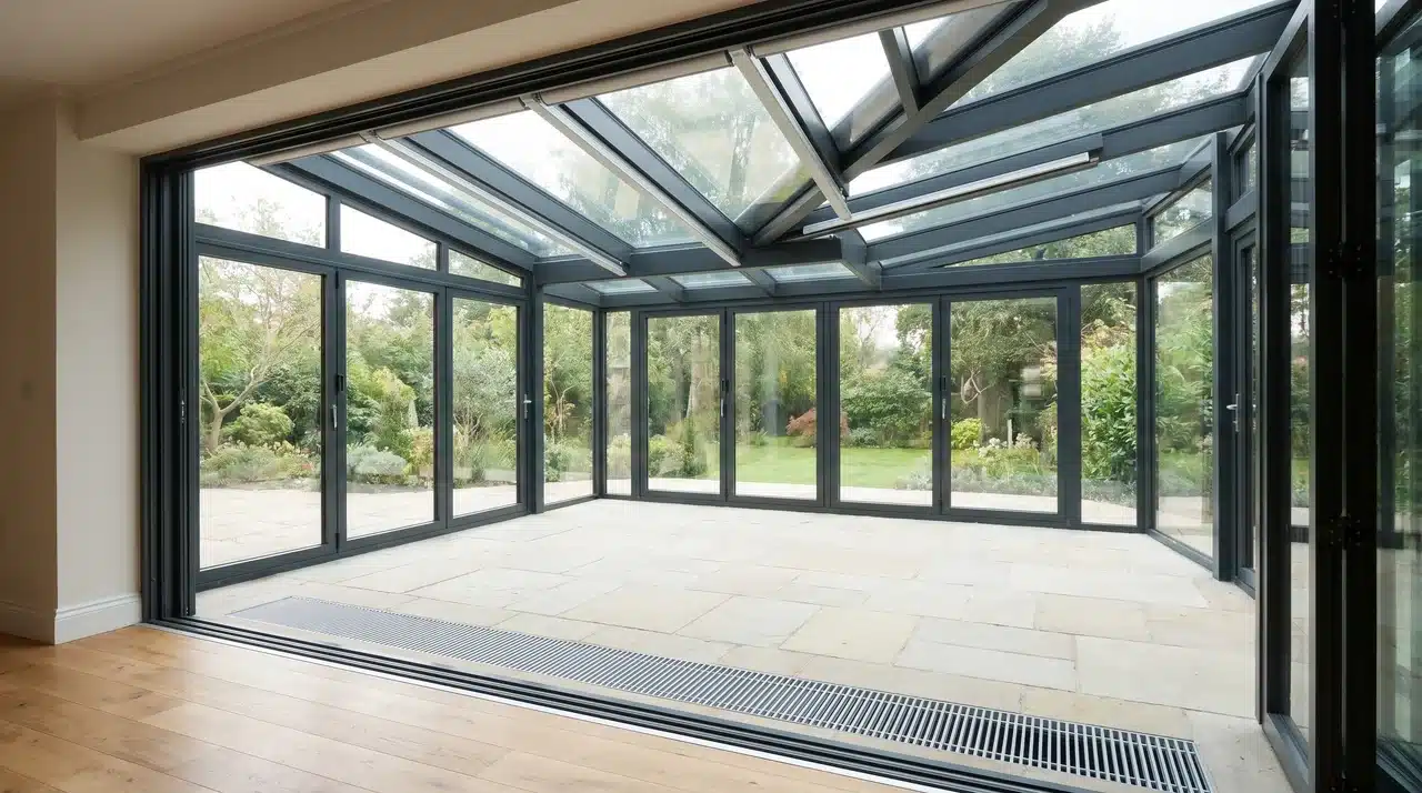 Glass conservatory interior with floor-to-ceiling glazing on three sides and automated blind tracks on roof panels
