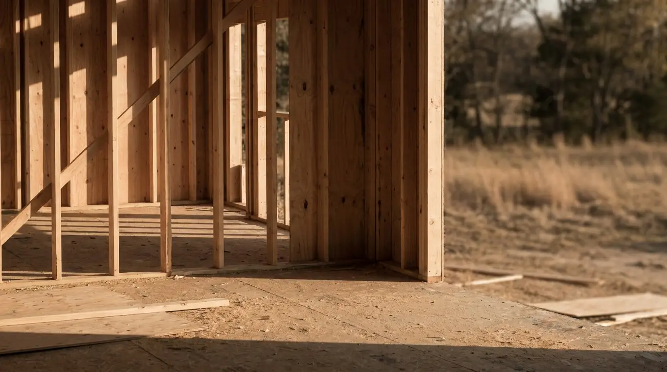 Wooden house frame under construction with natural light in a rural outdoor setting